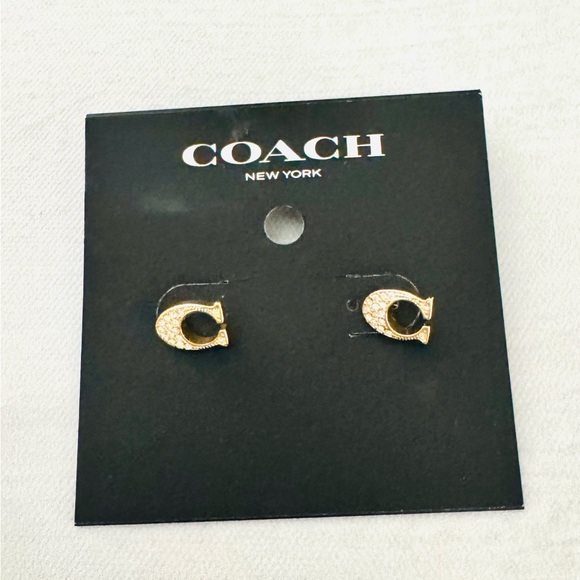 Coach Gold C Logo Stud Earrings with Crystals - Picture 1 of 7